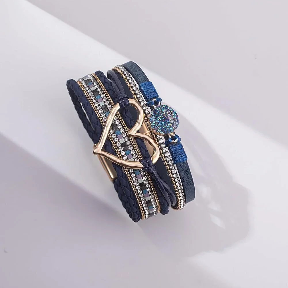 Women's Blue Heart Leather Wrap Stackable Boho Resin Stone Rhinestone Bracelets